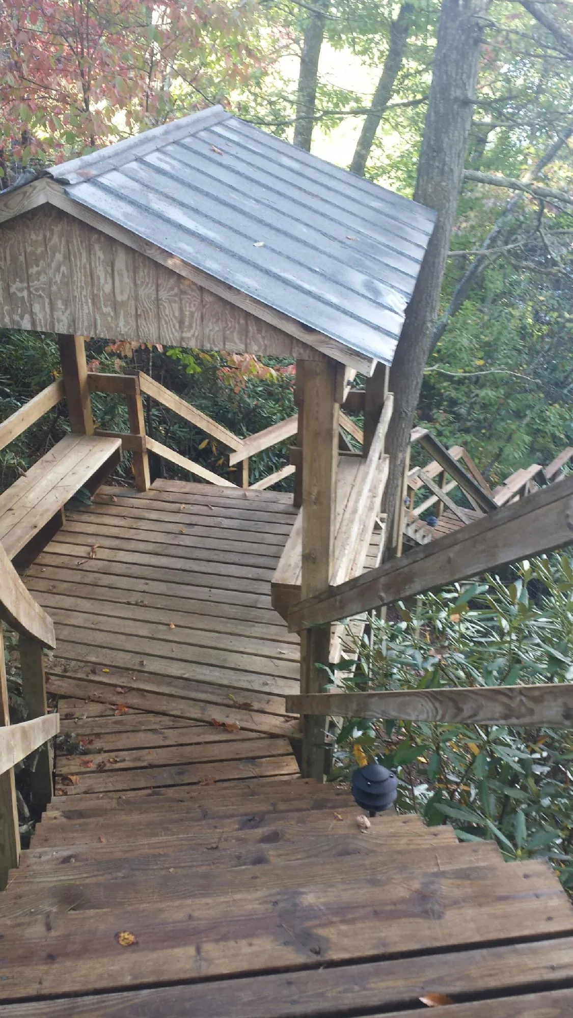 Metal roofed shelter over wooden steps on a wooded walkway — Skylight Repair & Installation work by our crew in Beaver Crossing